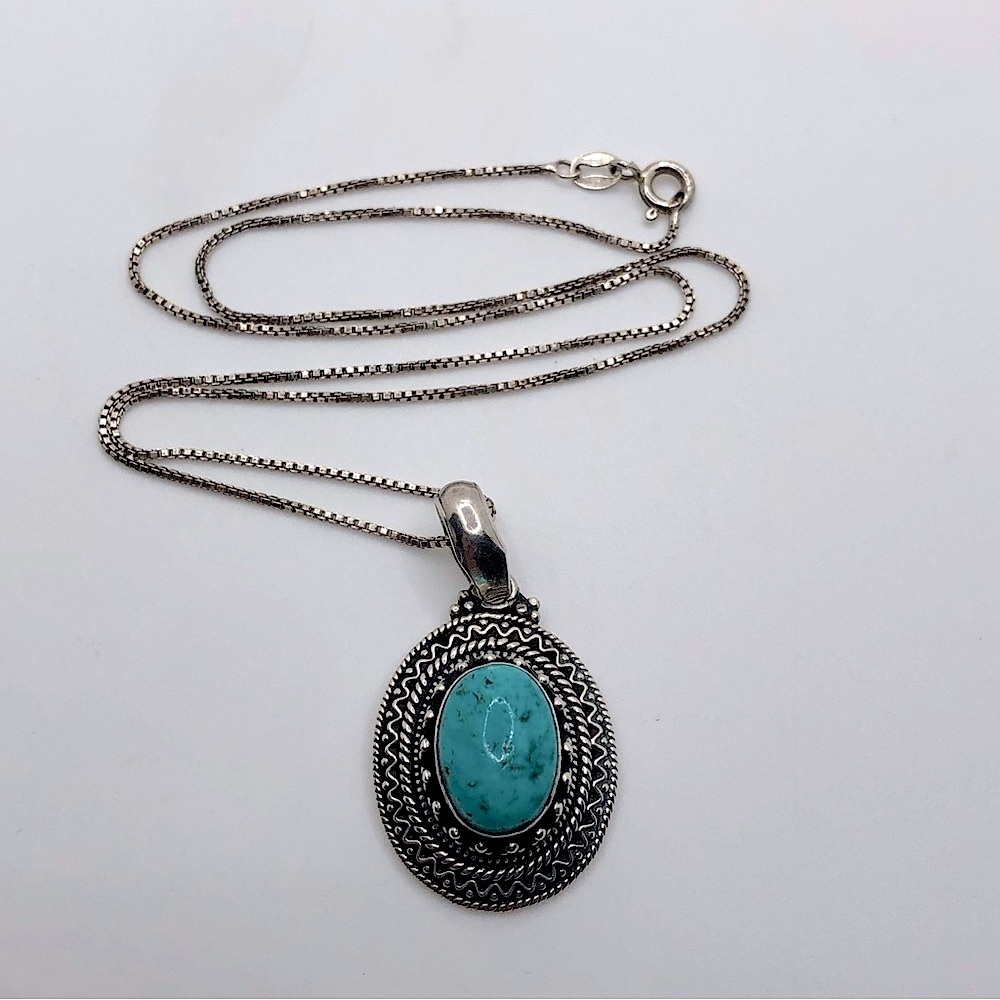 Vtg Sterling & Turquoise Oval Cabochon Pendant w Chain Boho Tribal / 18” + 1.6” - Picture 2 of 8